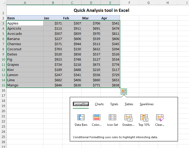 Where is Quick Analysis Tool Excel